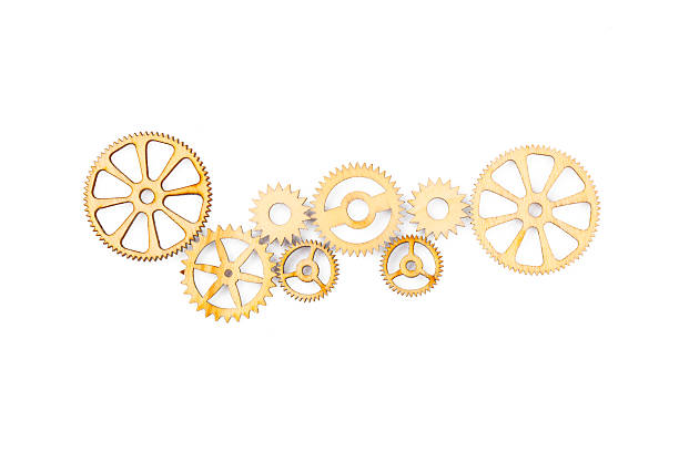istock Wooden cogwheels on white background 2222277024