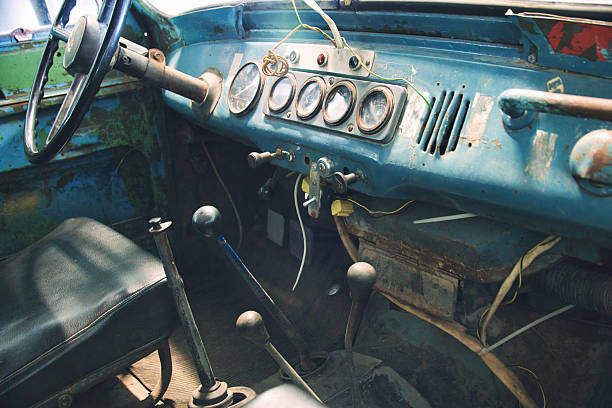 Close-up of the interior dashboard of a vintage GAZ-469, a classic Soviet off-road military vehicle. The image showcases the aged blue metal dashboard, analog gauges, multiple gear levers, and weathered textures, highlighting the utilitarian design and historical charm of this iconic 4x4. Ideal for themes related to retro vehicles, military history, Soviet-era transportation, and off-road engineering.