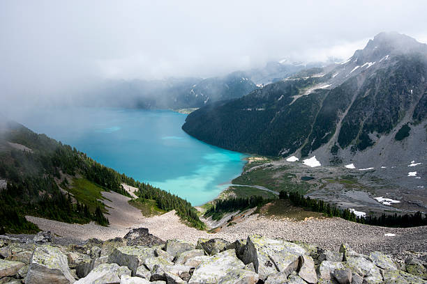 Raised view of mountains, forest and lake, Garibaldi Park, British Columbia