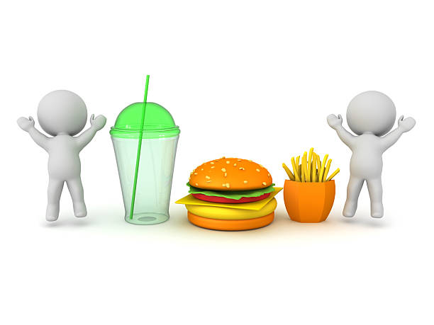 Happy 3D Characters and fast food menu. 3D Rendering isolated on white.