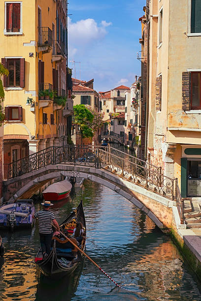 A gondolier navigates a narrow canal near San Barnaba Church in Venice on a bright summer day. Captured from behind, the scene features vivid yellow buildings under a clear blue sky, evoking the warmth and charm of Venetian life in full sunlight.