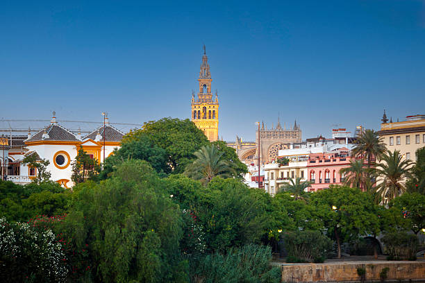 Glistening buildings of Seville reflect in the Guadalquivir as the golden hour illuminates the Giralda, Cathedral, and bullring.