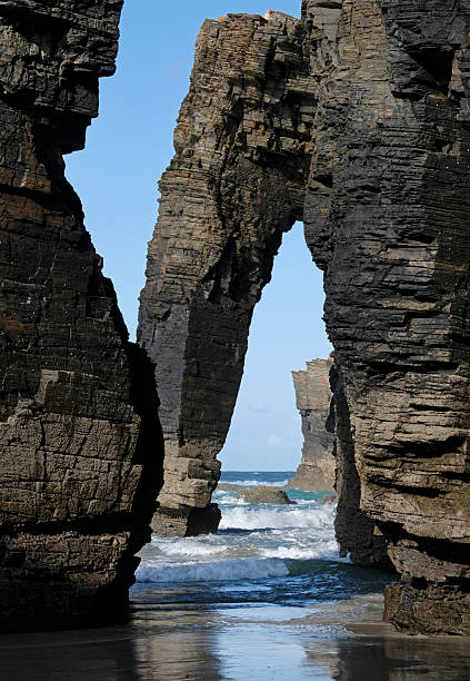 Cantabric sea at high tide, coastal landscape in northern Spain. Playa las Catedrales, Catedrais beach in Ribadeo, province of Lugo, Galicia.