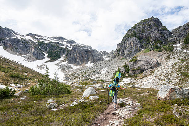 istock Ski mountaineer with splitboard climbs up mountain meadow 2222291088