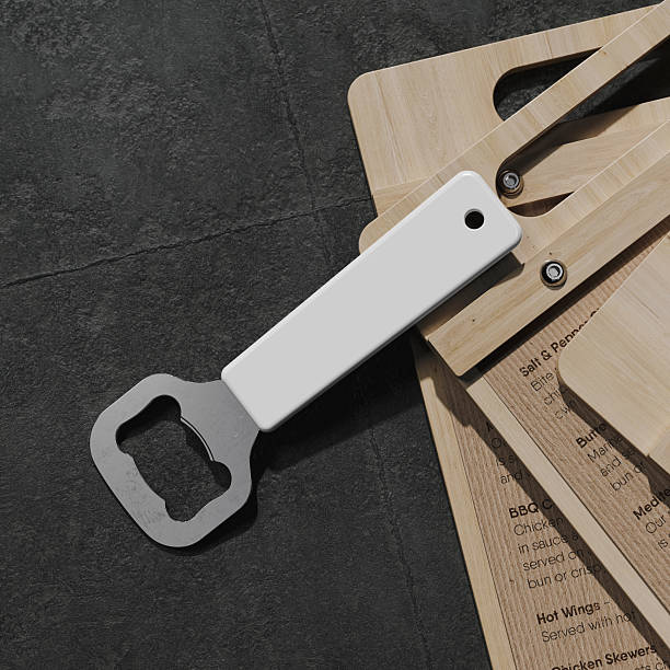Bottle opener near wooden menu holder mockup. 3D rendering