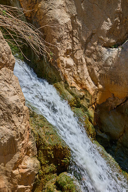 istock Small waterfall flowing over mossy rocks in a canyon on a bright sunny day 2222305826
