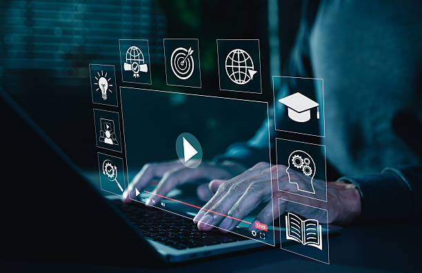 istock Online education and e-learning concept. Person use laptop with icons representing online education, learning, knowledge sharing, educational tools, training, webinar on internet, digital courses, 2222317013