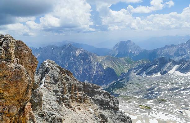 View from the Zugspitze to other mountains of the European Alps, the Zugspitze is the highest mountain in Germany at 2962 meters (9717 ft).