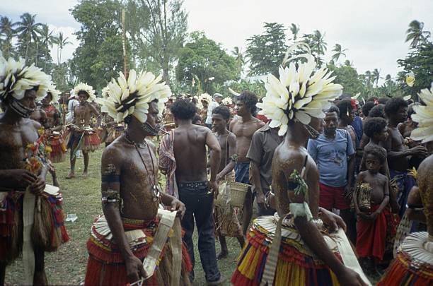 Baliem Valley, Wamena, West Papua, Indonesia - oct 30,2010 :  a headmaster Dani shows a traditional hairstyle with feathers and tribal colors on face, in  Dugum Hills, Baliem Valley, West Papua