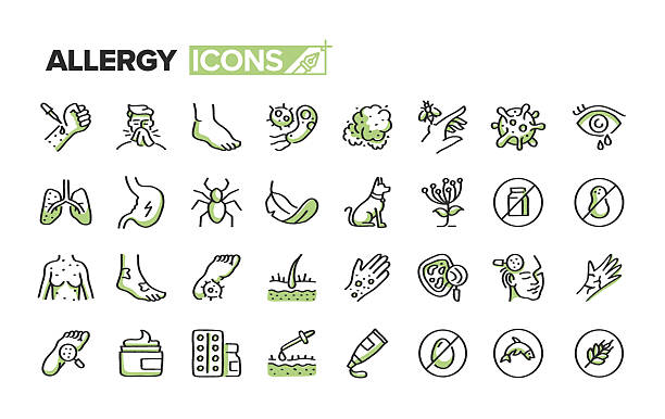 stockillustraties, clipart, cartoons en iconen met allergy hand drawn minimalist doodle line icon set. hand sketched elements for creative use. allergy test, bacteria, dust, virus, eczema, dermatology, dry skin. - allergie