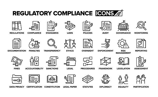 illustrazioni stock, clip art, cartoni animati e icone di tendenza di set di icone della linea di conformità normativa. gruppo di oggetti. regolamenti, standard, leggi, politiche, audit, governance. - ispezione contabile