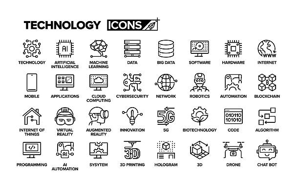 Technology Line Icon Set. Group Of Object. Artificial Intelligence, Data, Machine Learning, Software, Automation, Applications. Technology Line Icon Set. Group Of Object. Artificial Intelligence, Data, Machine Learning, Software, Automation, Applications. 3d print and icon stock illustrations