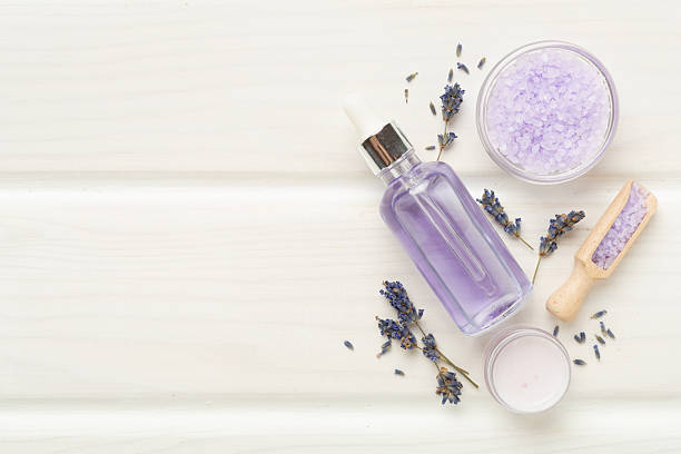 istock Lavender spa cosmetic on wooden background, top view 2222324013