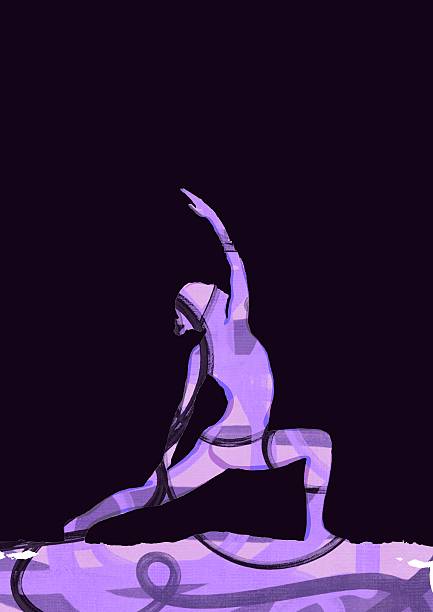 istock Abstract purple yoga pose, a serene representation of balance and mindfulness. An artistic illustration features a woman figure in a yoga pose, rendered in shades of purple against a dark background. 2222326033