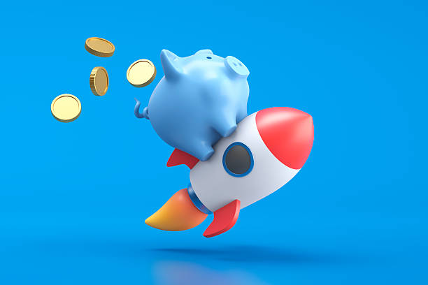 3D illustration of a blue piggy bank flying on a red and white rocket with coins floating around, symbolizing rapid financial growth, investment returns, wealth acceleration, and economic success.