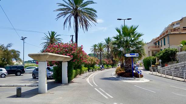 istock Sunny Street in Antibes with Palm Trees and Oleanders 2222328694