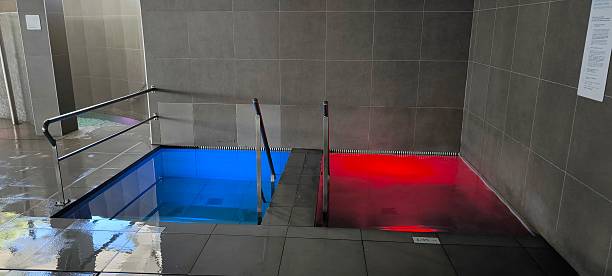 Contrast baths: blue and red tubs for hydrotherapy and relaxation