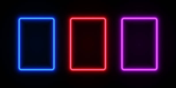 Light neon rectangle frames. Glow LED border of blue, red and purple colors on black transparent background. Vector set laser template for design.