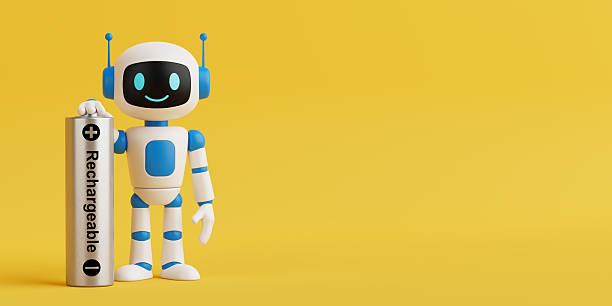 istock Energy Efficiency And Sustainable Power Concept. Cute AI Robot Standing With Large Rechargeable Battery. 3d Rendering 2222341353