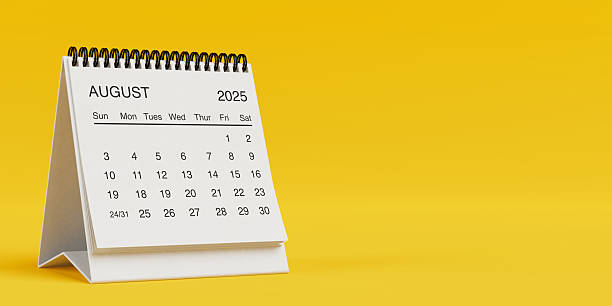 istock White Desk Monthly August 2025 Business Calendar. 3d Rendering 2222341390