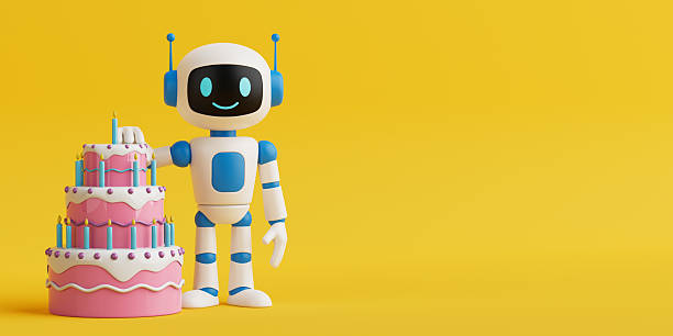 AI Celebration And Digital Festivity. Cute AI Robot With Abstract Birthday Cake. 3d Rendering