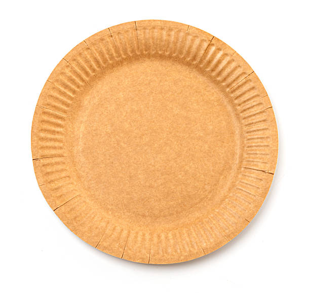 istock Empty round brown disposable paper plate on white background 2222343553