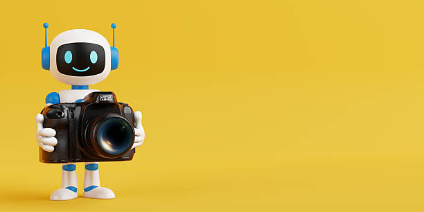 Creativity And Technology Concept. Cute Friendly AI Robot Mascot Holding Digital Camera On Yellow Background. 3d Rendering