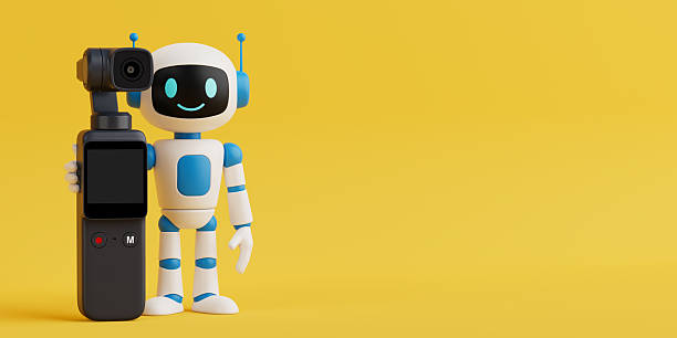 istock Content Creation And AI Concept. Smiling AI Robot Holding Action Camera. 3d Rendering 2222345404