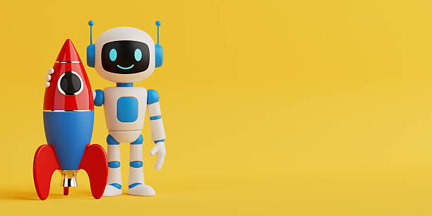 istock Innovation And Exploration Concept. Cute AI Robot Holding A Colorful Rocket. 3d Rendering 2222345426
