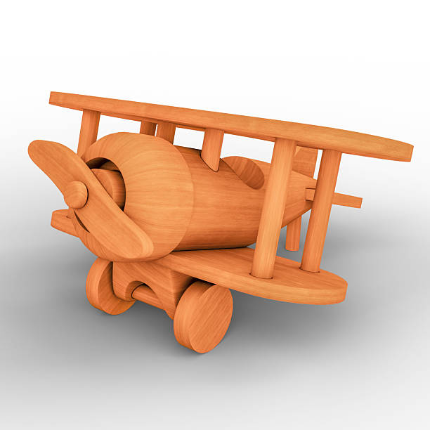 A digitally rendered depiction of a handcrafted wooden toy airplane against a white backdrop, showcasing its fine details, craftsmanship, and rustic charm. 3D Illustration. File with Clipping Path.