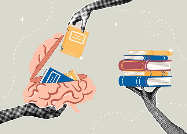 istock Trendy halftone collage. Books about knowledge transfer and learning that fill the brain. The concept of learning, getting an education, gaining new knowledge 2222359563
