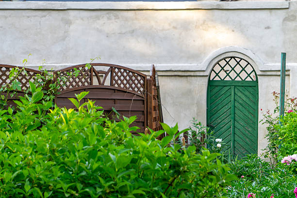 Green arched garden door with decorative lattice top, surrounded by dense greenery and a wooden fence against a light-colored wall