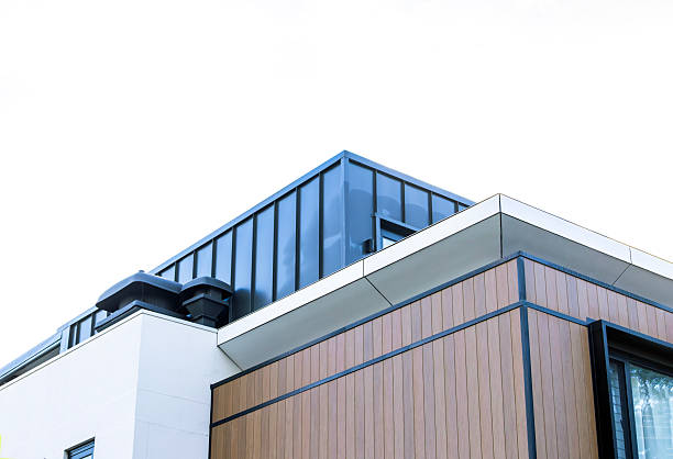 istock Closeup top part of modern house, white background with copy space 2222367327