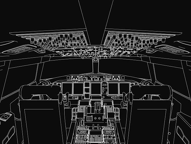 Black and white contour drawing of an aircraft cockpit featuring two seats, control panels, and various instruments against a dark background. The detailed sketch highlights the intricate interior.