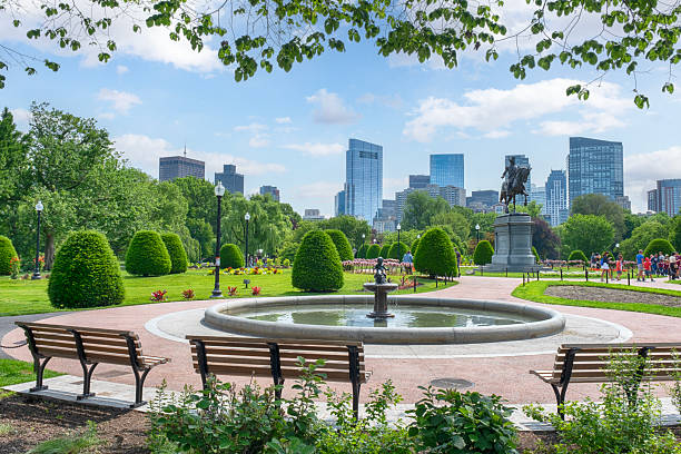 Benches and a Pond in Boston Common Park stock photo