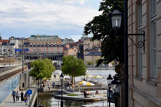 View of slussen in the background and the new recreational spot near gamla stan, Munkbrohamnen.
