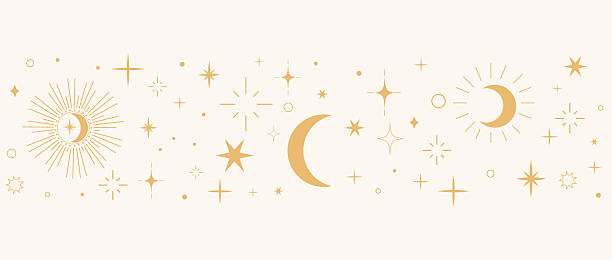 Mystical celestial border divider with stars, moons, and sparkles. Elegant golden ornament set for tarot, magic, and spiritual designs. Vector illustration