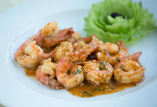 Shrimp dish with barbecue sauce, large red shrimp.