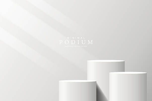 istock 3D product Minimal display stand. white color cylinder stand podium on a gray background. Abstract geometric shapes in a simple design. Fashion stage mockup scene. Studio product display stand. 2222385854
