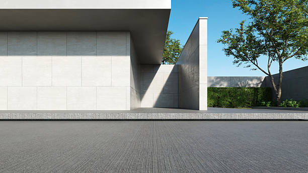 istock Modern house, Minimal architecture with empty wall and concrete garage driveway, 3d rendering of luxury property building 2222386732