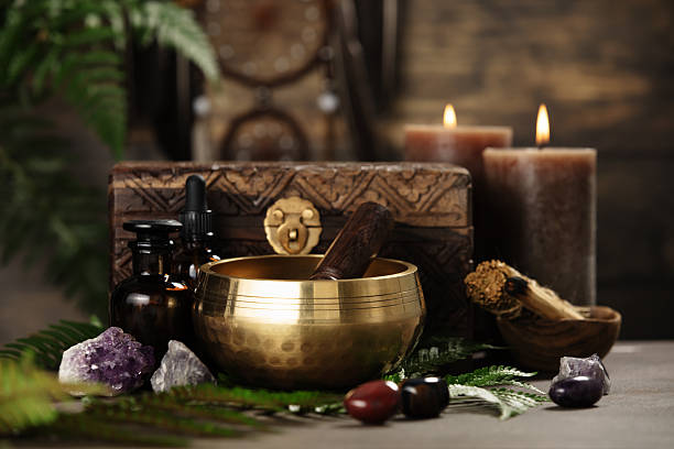 istock Golden Singing Bowl with Spiritual Tools and Crystals 2222387485