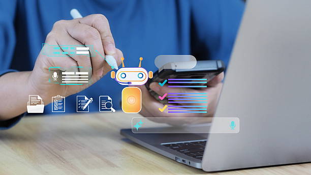 istock mobile device displays chatbot and digital invoice icons, representing an AI-powered procurement system that automates B2B purchasing and streamlines mobile supply chain management. 2222388469