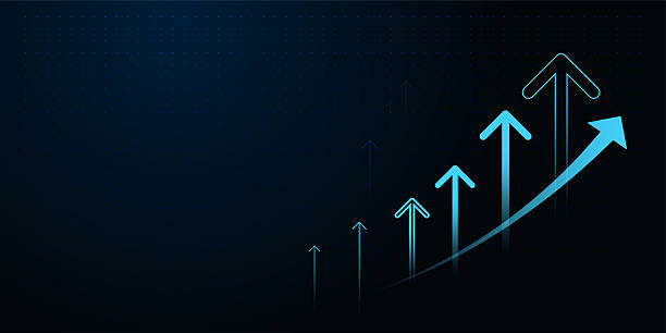 istock Upward Arrows blue growing on dark background A series of glowing, representing finance, business vector illustration 2222391674