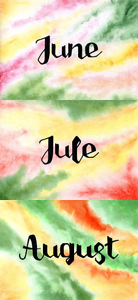 istock Hand drawn lettering summer months, June, July, August on a watercolor background. Ink brush lettering for summer season invitations. Handwritten phrase for banner, flyer, greeting card, calendar. 2222395382