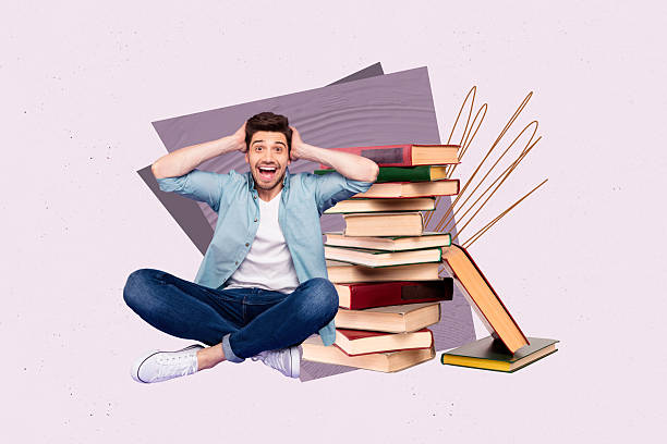 istock Creative pop poster sketch art collage of happy student girl guy do homework book stack education concept bookworm hobby reader 2222398642