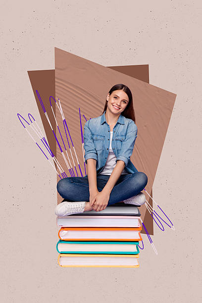 istock Exclusive pop vertical sketch art collage of happy student girl guy do homework book stack education concept bookworm hobby reader 2222398874