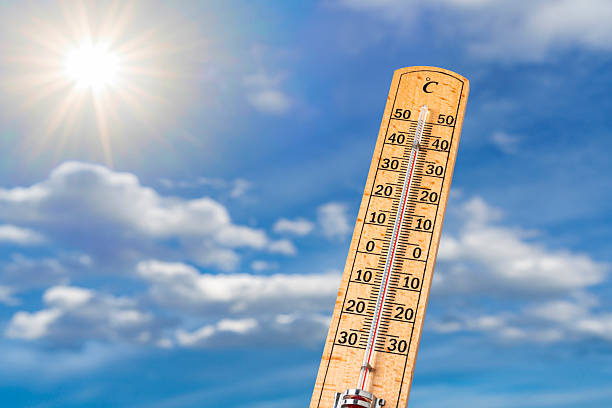Thermometer showing high temperature on a sunny day. Heat wave and climate change. Thermometer on blue sky with sun shining. Low angle view