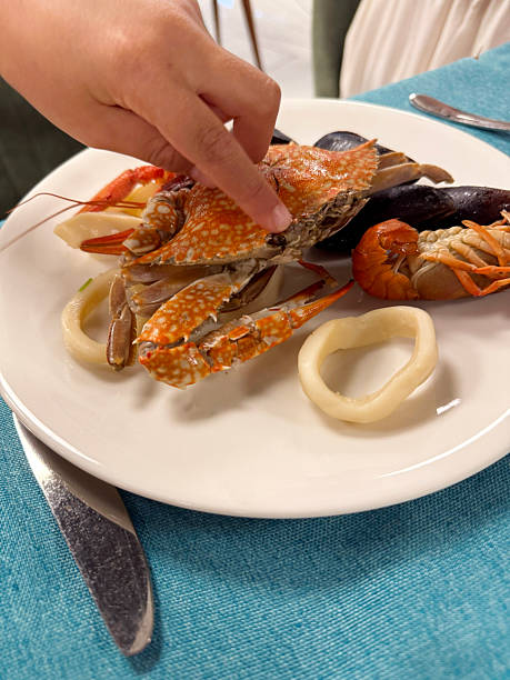 istock Child Pointing at Seafood Plate at Resort Buffet. 2222399667