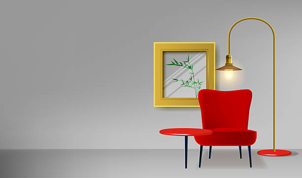 istock Room interior. Floor lamp, red armchair and painting on the wall 2222411619