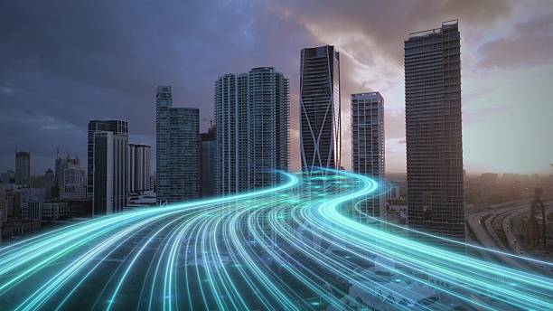 istock Fast speed internet data with modern smart city aerial skyline cityscape at sunset. 3D render graphic 2222415584